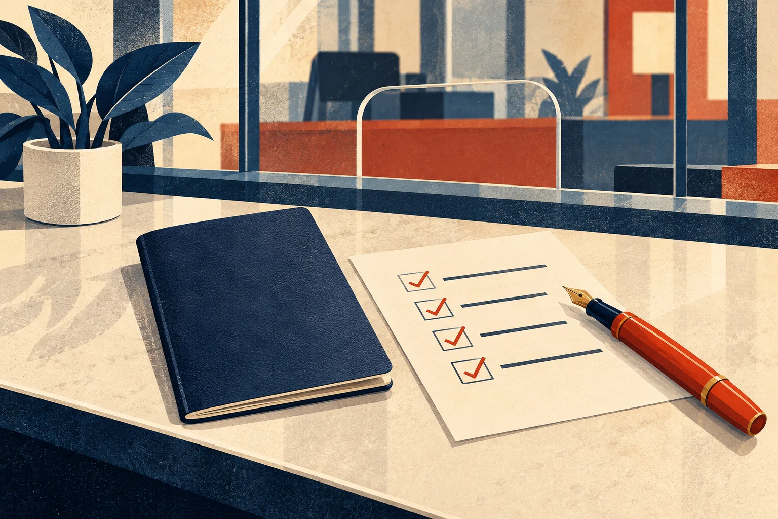 Editorial illustration of a blank passport and bank-account checklist