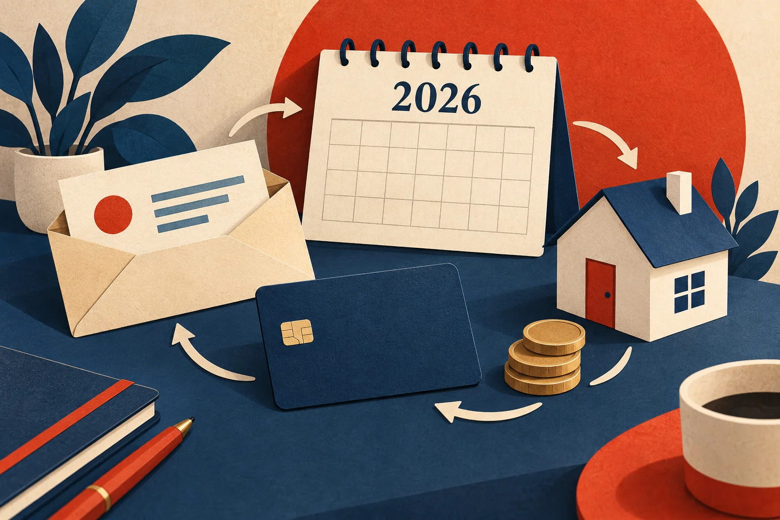 Editorial illustration of a blank debit card and 2026 calendar