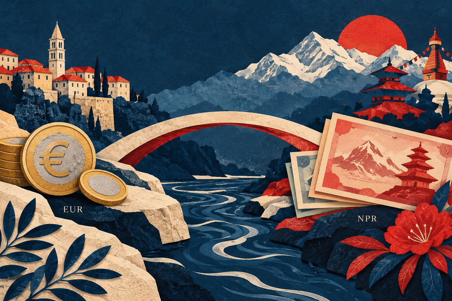Editorial illustration of a bridge between euro and Nepal rupee payments