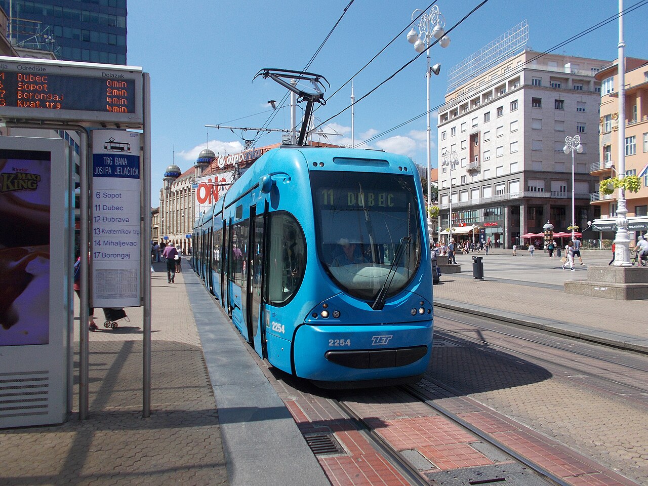 Blue ZET tram 2254 at Ban Jelačić Square in Zagreb on a sunny day
